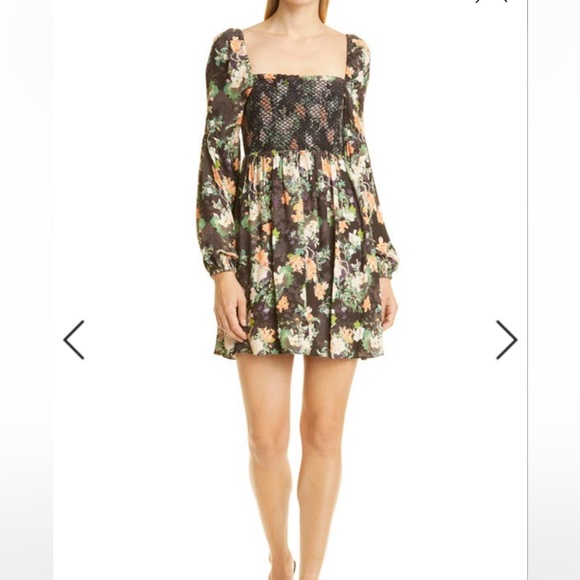 Alice And Olivia Cooper Floral Smocked Bodice Long Sleeve Dress In Romance Black - Picture 1 of 9